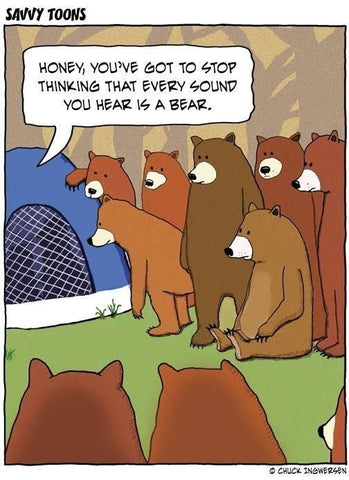 Dark humour in a cartoon about tent camping in bear country by Inwersen.