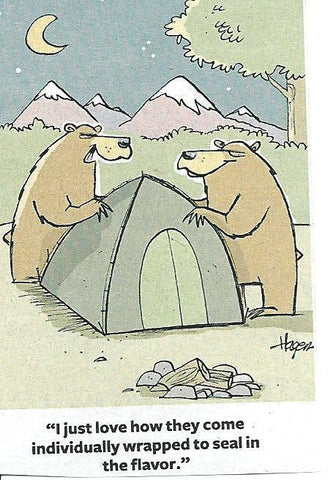 Dark humour in a cartoon about tent camping in bear country by Hagen.