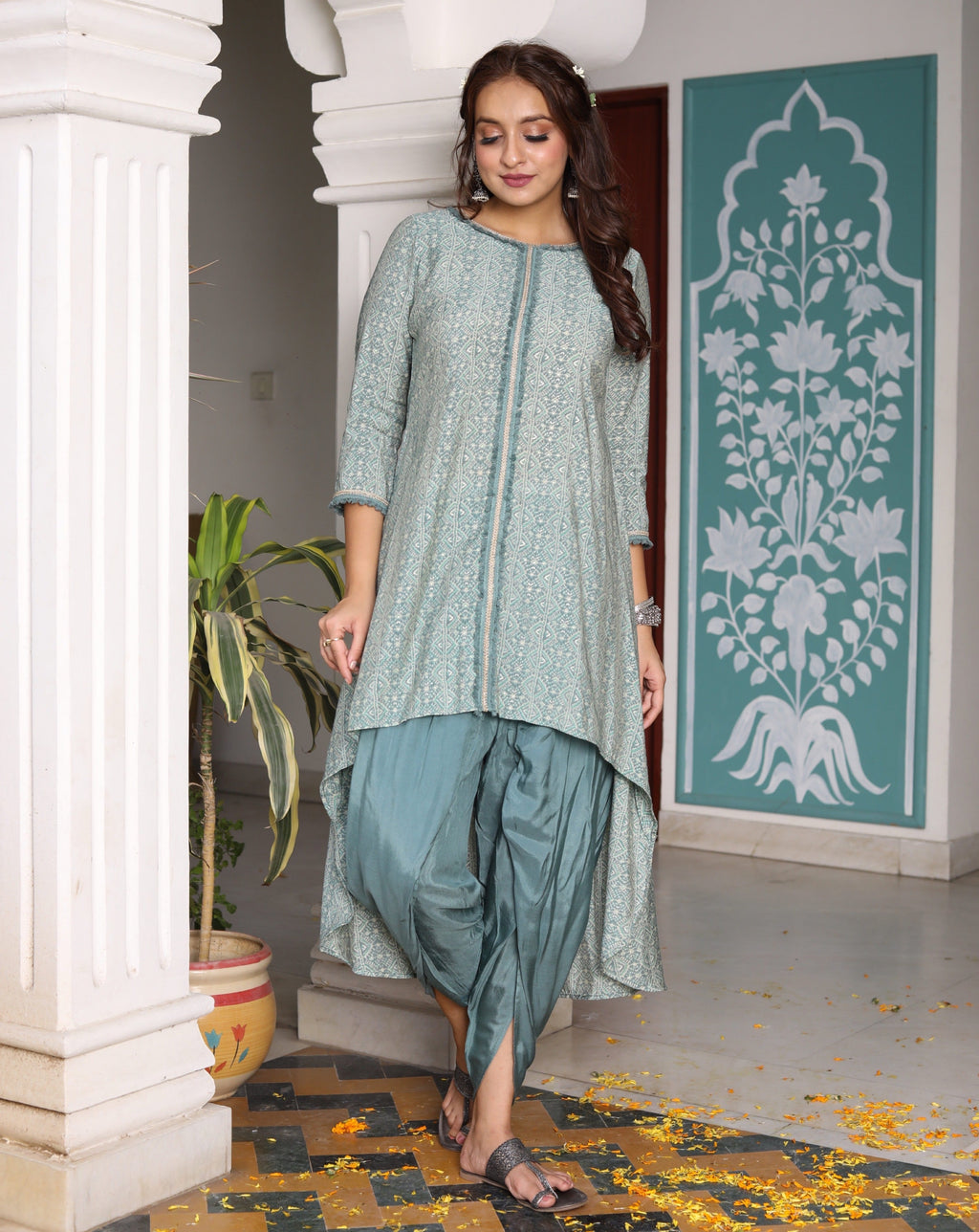 Chandheri flared kurti with overlapping gathered sleeves and tulip pants