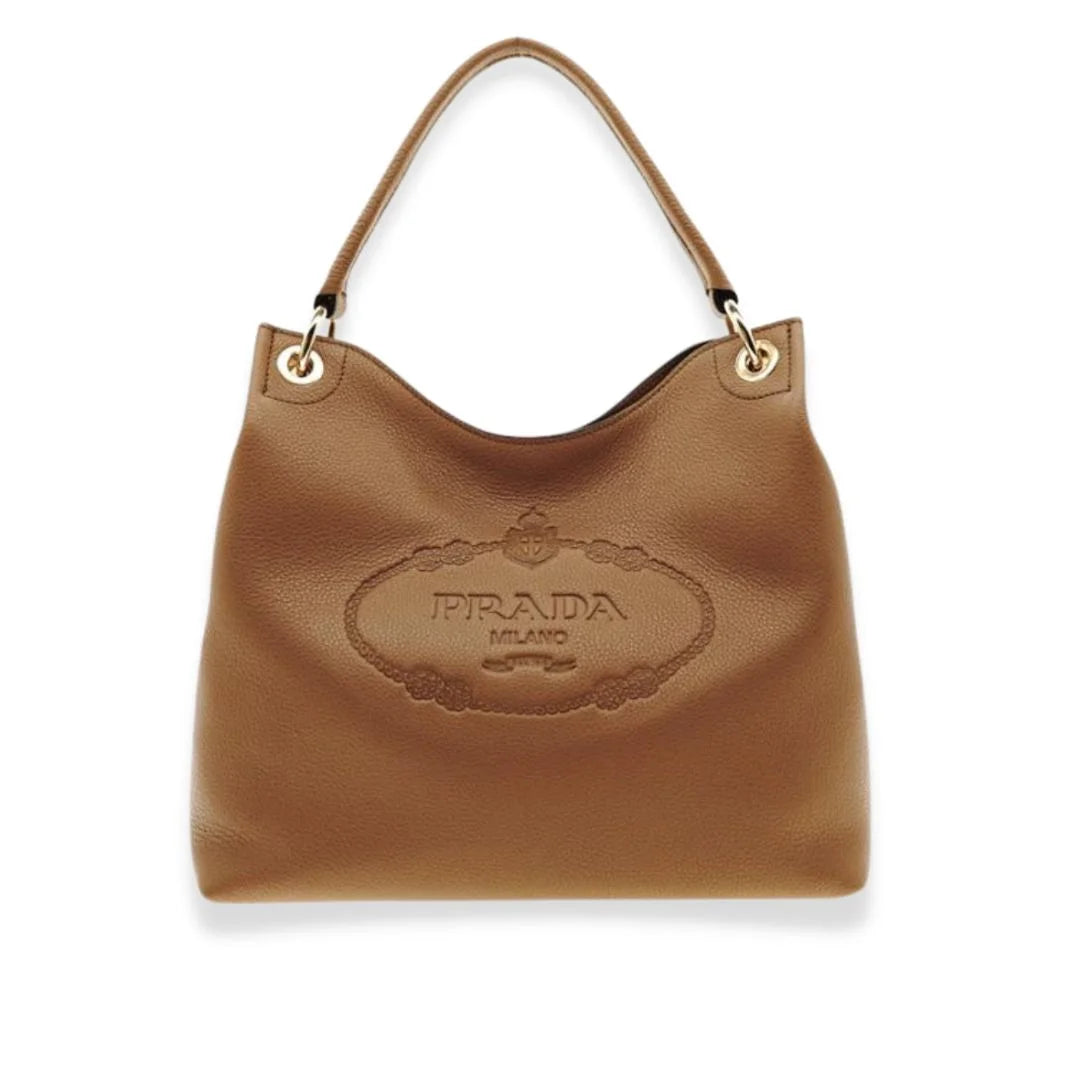 Prada Camel Vitello Phoenix Leather Logo Hobo Tote Bag – EYE LUXURY  CONCIERGE