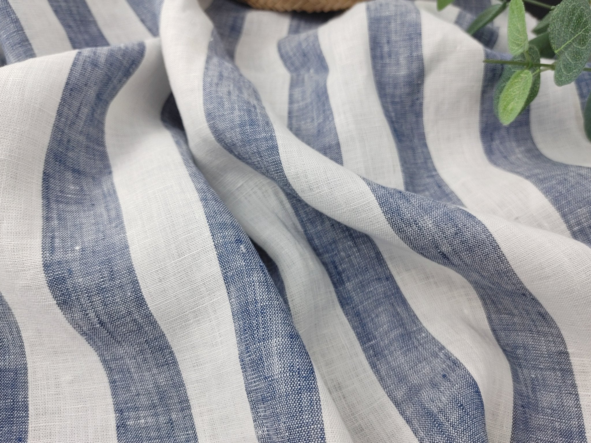 Navy Blue & White Striped Linen Fabric - 100% Linen, 21S Thread