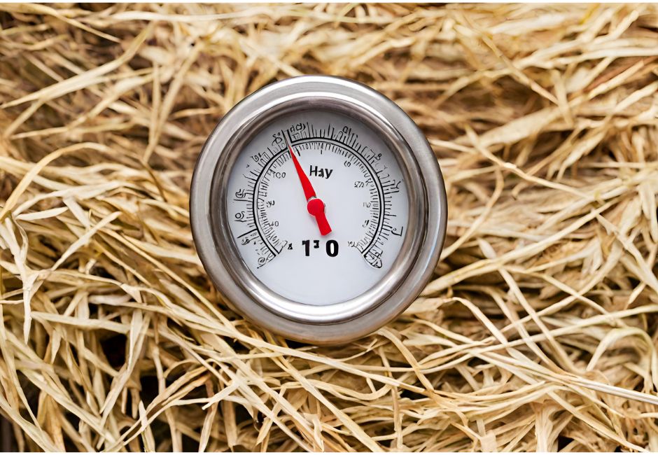 thermometer on top of compost pile covered in hay
