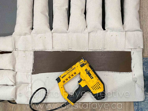 diy entry bench, woven upholstered bench cushion, paint drop cloth upholstery, drop cloth woven cushion, easy woven cushion, diy upholstery, entry bench transformation