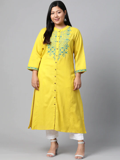 Plus Size Women's Yellow Regular A-Line Calf Long Kurta