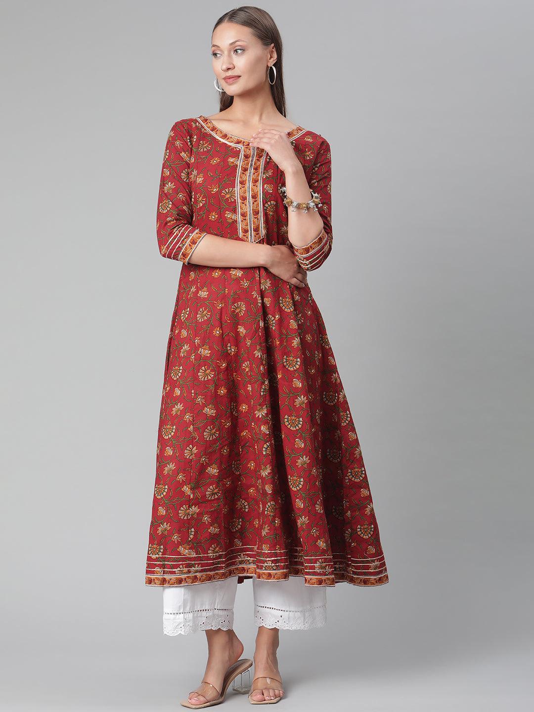 Divena Red Flaired Cotton Anarkali Kurta