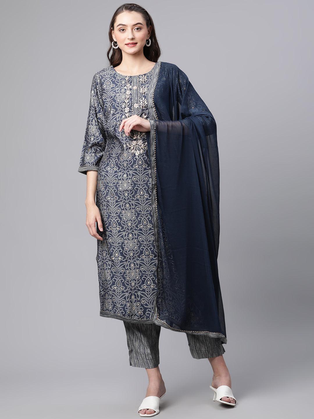 MUTILA Women Ankle Length Design a new Bandhani print anarkali kurti with  dupatta set for ready to wear (Large, Green) : : Fashion