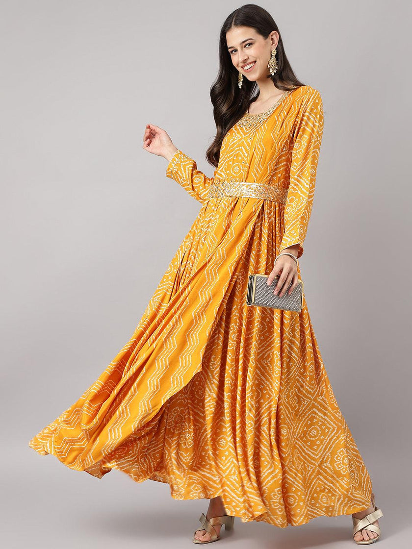 Divena Mustard bandhani Printed Muslin Zari work Drape Style Flared Gown