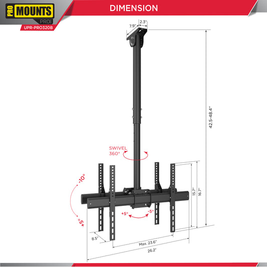 Height Adjustable Swivel TV Ceiling Mount For 37-80 TVs Holds 110lbs –  ProMounts