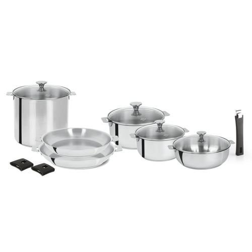 CRISTEL 3-Ply Stainless Steel Saucepan Set (14, 16, 18 and 20cm) with 3 x  Flat Glass Lids and 2 x Detachable Handles