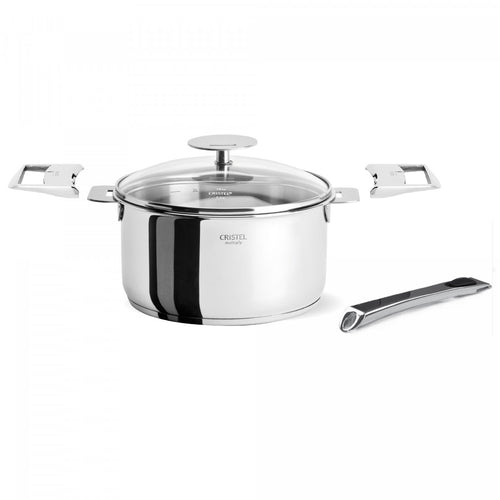 CRISTEL 3-Ply Stainless Steel Saucepan Set (14, 16, 18 and 20cm) with 3 x  Flat Glass Lids and 2 x Detachable Handles