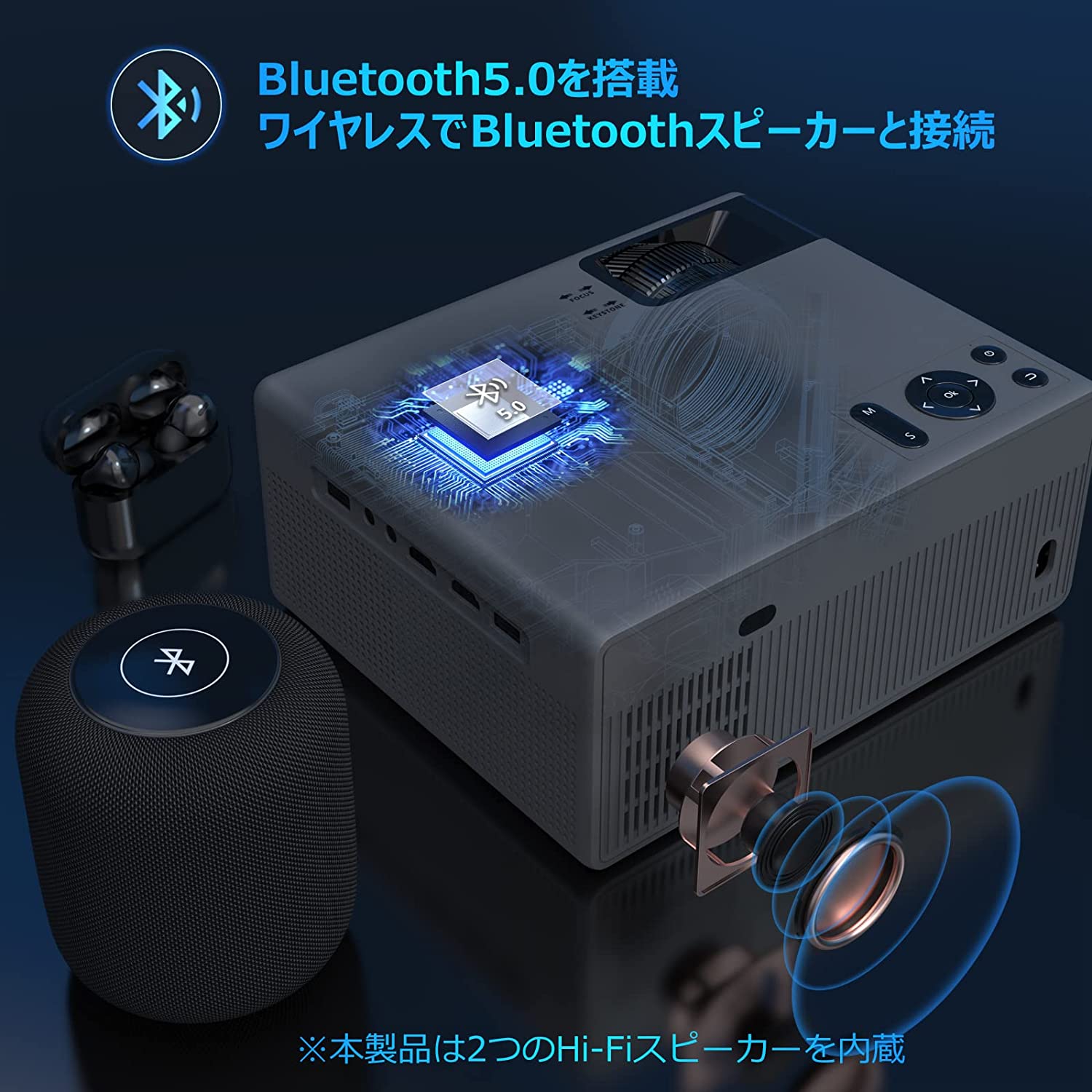 スピーカー二つ内蔵 プロジェクター WiFi Bluetooth対応