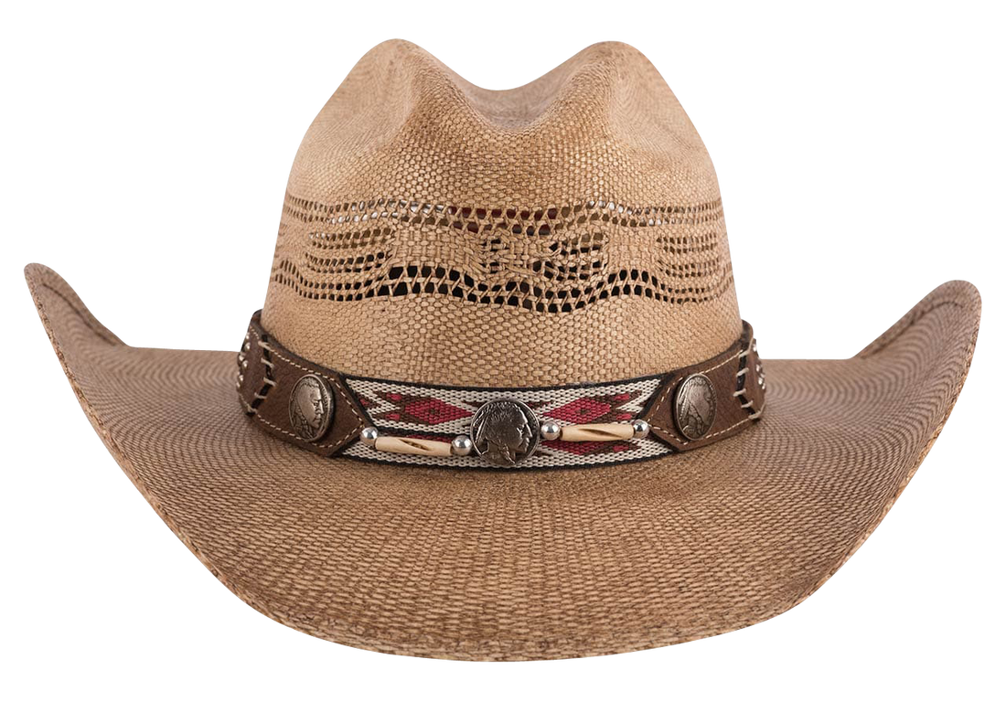Straw Bullhide Trailblazer Hat with Indian Concho & Aztec Pattern Leather Band - Distressed Pecan