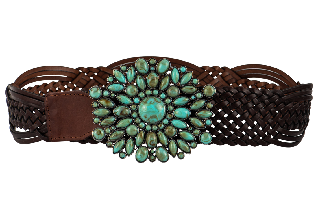 Double D Ranch Braided Leather Belt with Turquoise Stone Buckle