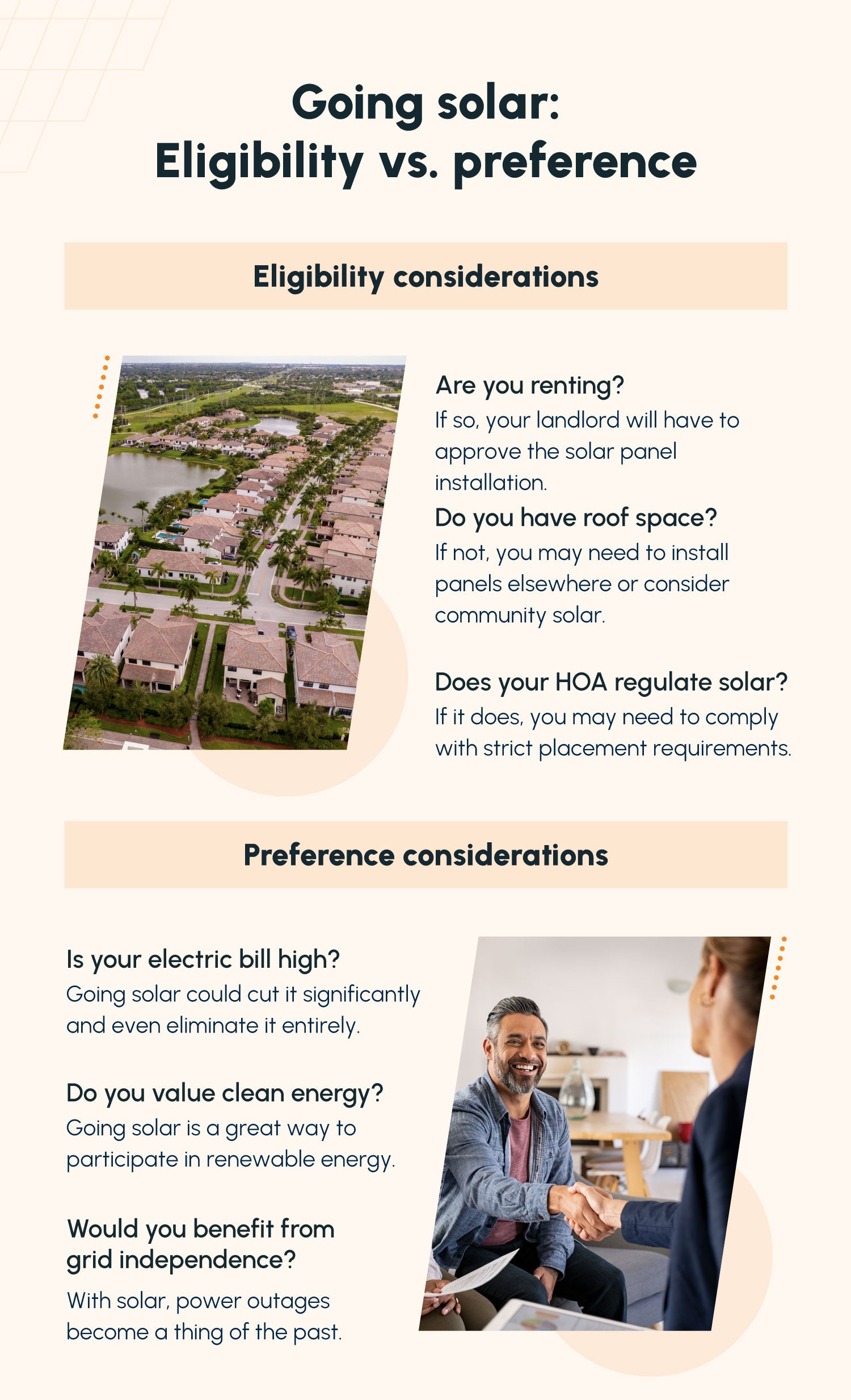 A list of eligibility and preference considerations to keep in mind when deciding whether to install solar panels