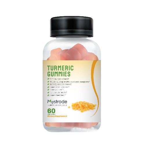 Bottle of turmeric gummies dietary supplement.