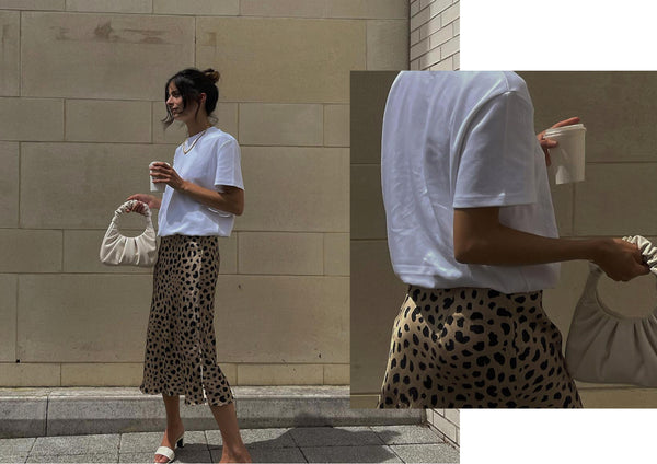 Santina Harrison White tshirt leopard silk skirt
