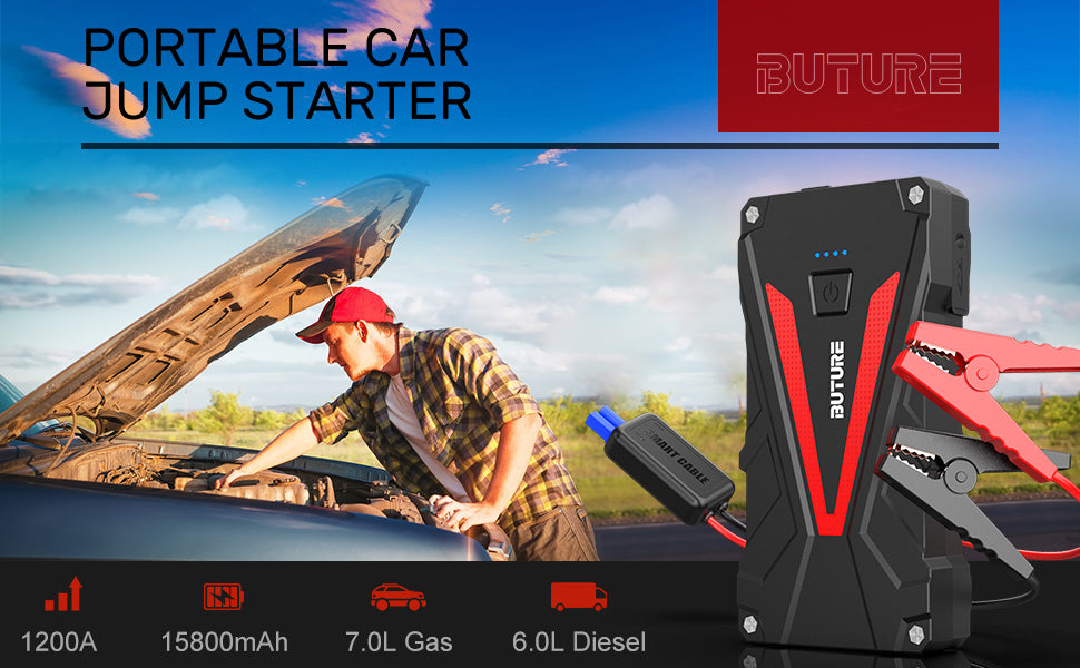  BUTURE Car Battery Jump Starter 6000A Jump Box 65W Fast  Charging (All Gas/12.0L Diesel), Portable Car Jump Starter Battery Pack,  Battery Jumper Starter with Extended Jumper Cables, 600 Lumens Light 