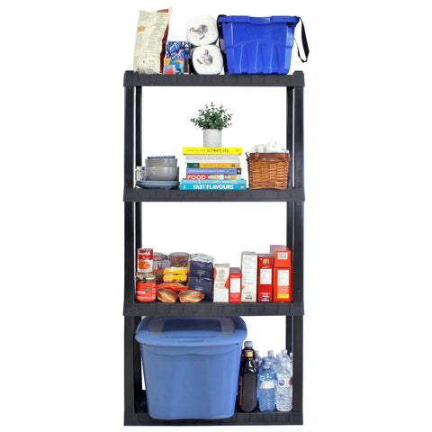 A product shot of a black storage shelf with food and drink related items on the shelves.