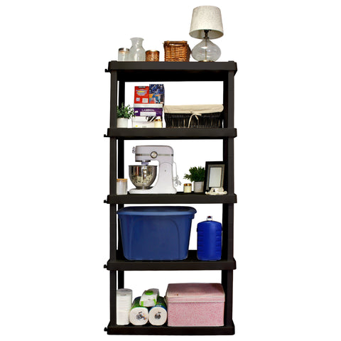 Product shot of a black storage shelf with laundry room items on the shelves.