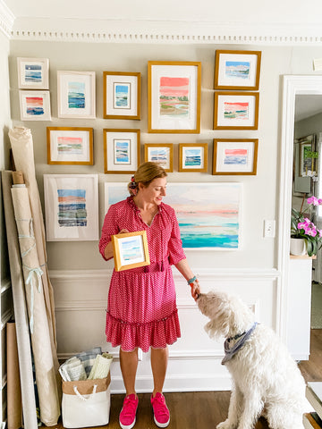 Karin Olah, Charleston artist, fiber artist, painter, home art studio, James Island, with Charlie the Labradoodle, art studio dog