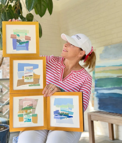 Karin Olah holding 4 small works on paper, gold frames, abstract landscape with textile collage