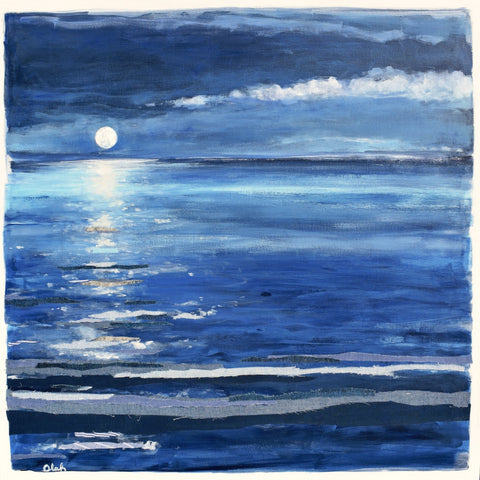 A full moon over the ocean, Notes on a Night 12, Karin Olah, acrylic and textiles on linen, 30x30 inches