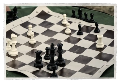 Chess set with plastic chess pieces and a vinyl chessboard with coordinate notation