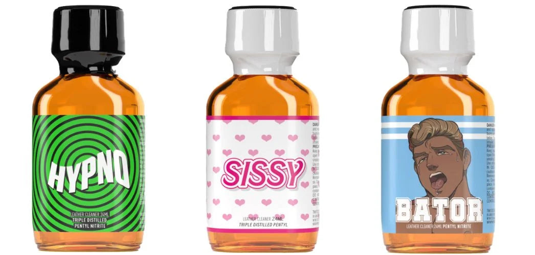 A photo of three Pentyl Popper bottles. From left to right: Hypno Poppers, Sissy Poppers and Bator.