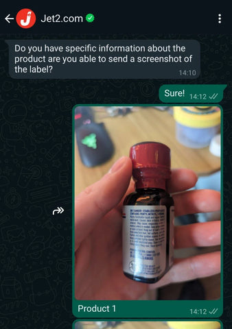 A screen shot of a conversation with Jet2 about taking poppers on a plane.