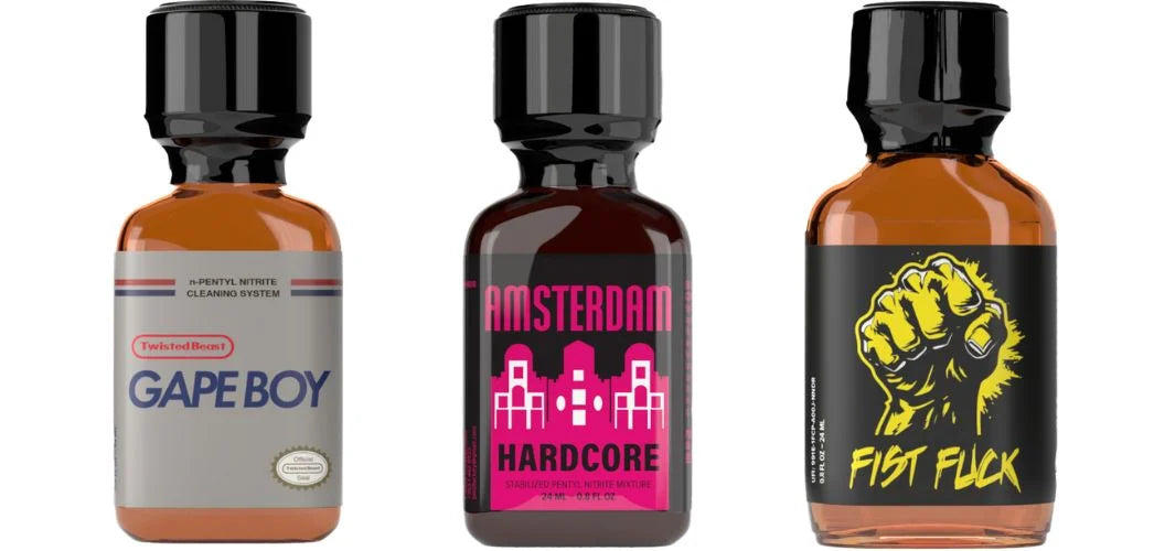 A photo of three bottles of n-Pentyl poppers. From left to right, Gape Boy, Hardcore Amsterdam, and n-Pentyl Fist Fuck.