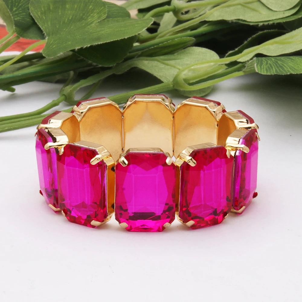 Geometric Rhinestone Bracelet Jewelry- Bright Pink