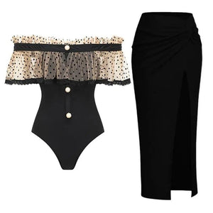 One Piece Off Shoulder Ruffle Swimsuit and Sarong Skirt - AdDRESSingMe - Off Shoulder Ruffle Swimsuit