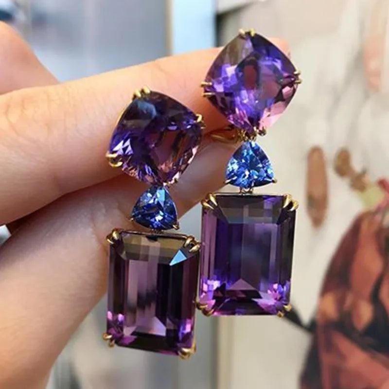 Square Purple Crystal Drop Earring