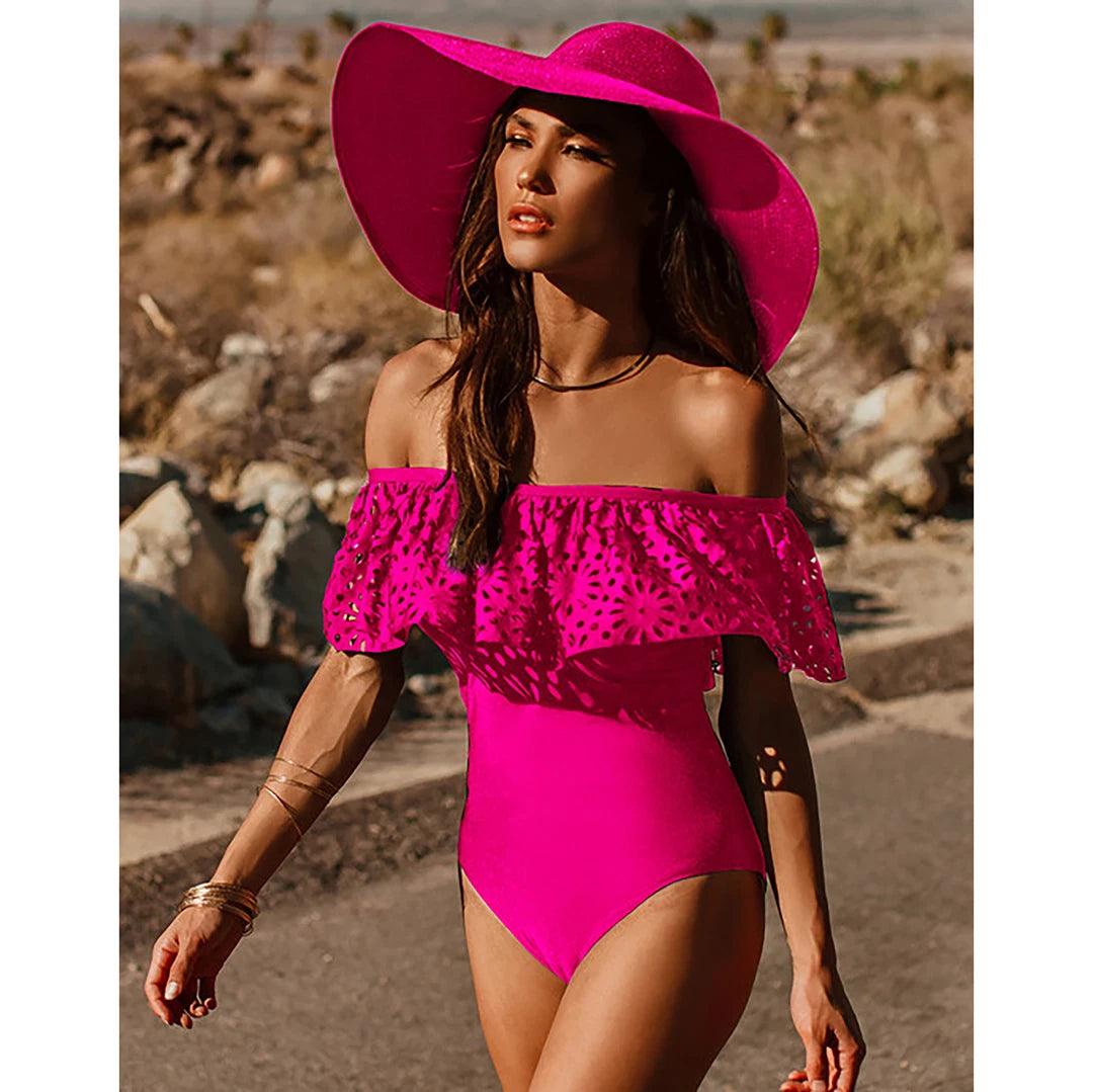Strapless Hollow Out Ruffled Bust One Piece Swimsuit in Pink