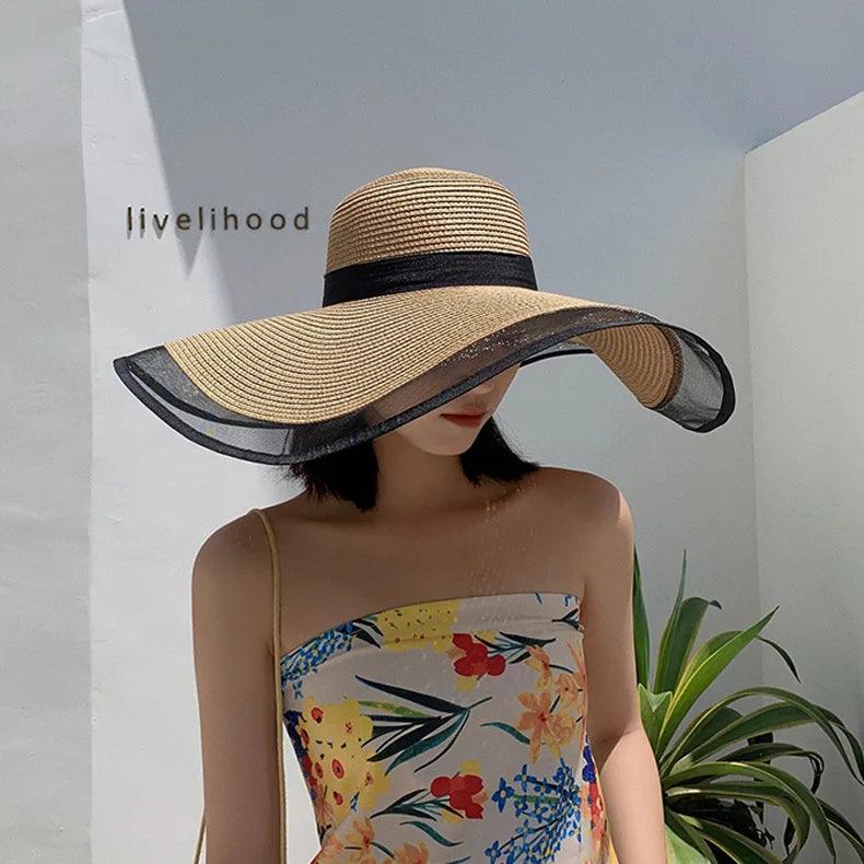 Large Brim Straw Hat With Organza Contour