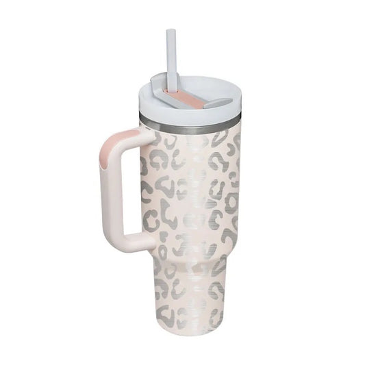 40 oz Quencher Style Tumbler with handle Cream Leopard