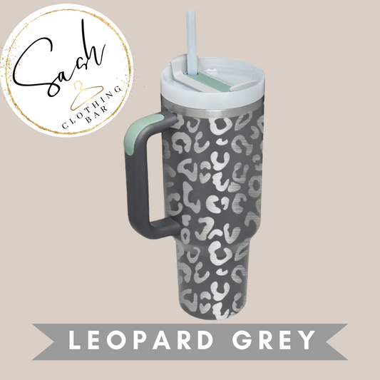 40 oz Tumbler with handle Eucalyptus Leopard