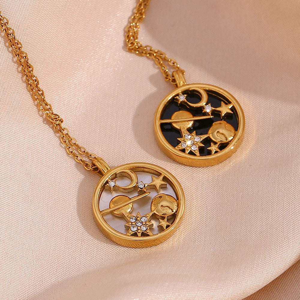 Moon Earth Star Shell Coin Necklace - Gold White Shell