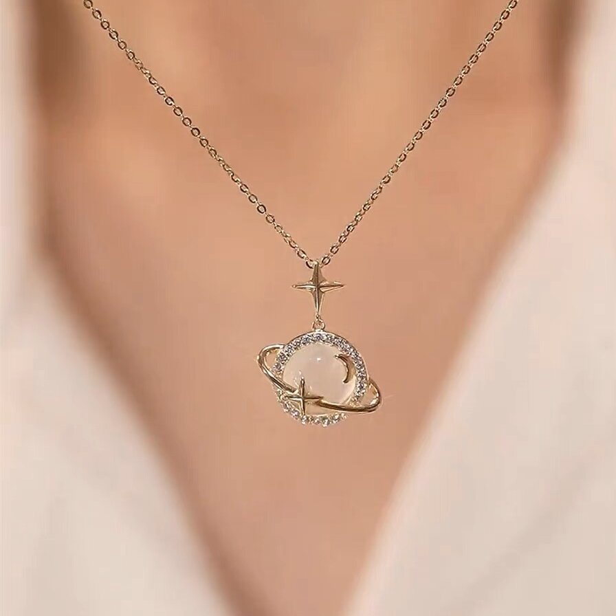 Gold Lips Chain Cat Eye Stone Planet Necklace