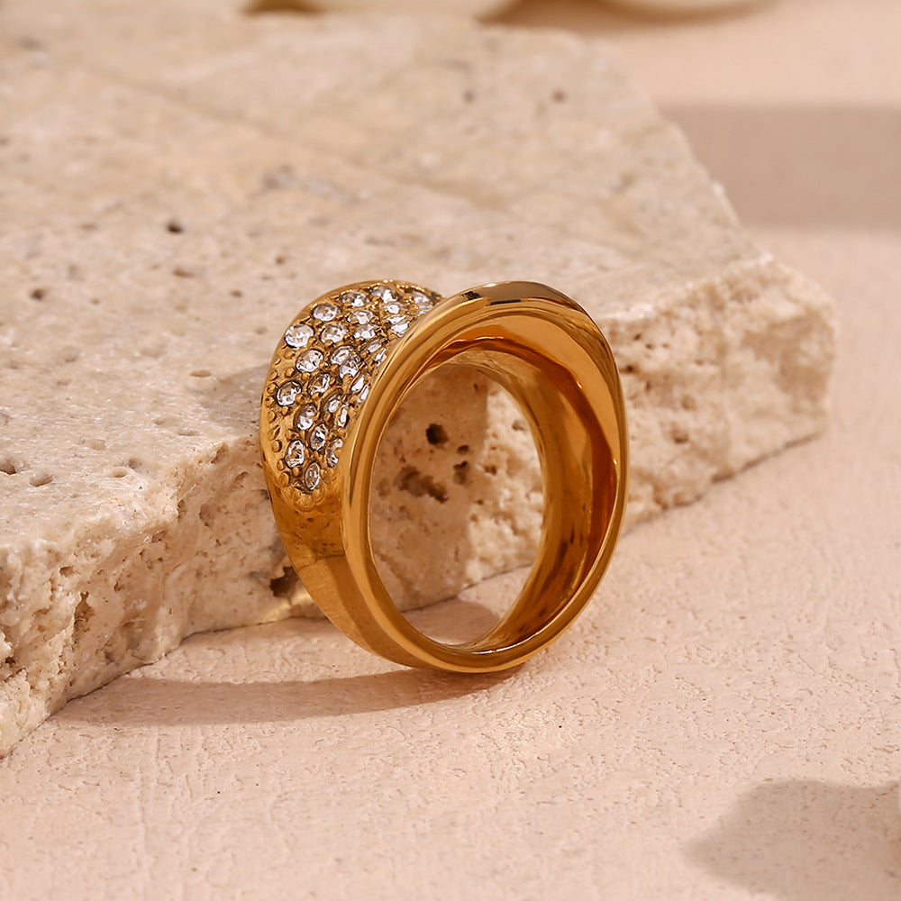 Wide Concave Full Diamond Index Finger Ring - Gold / No.6