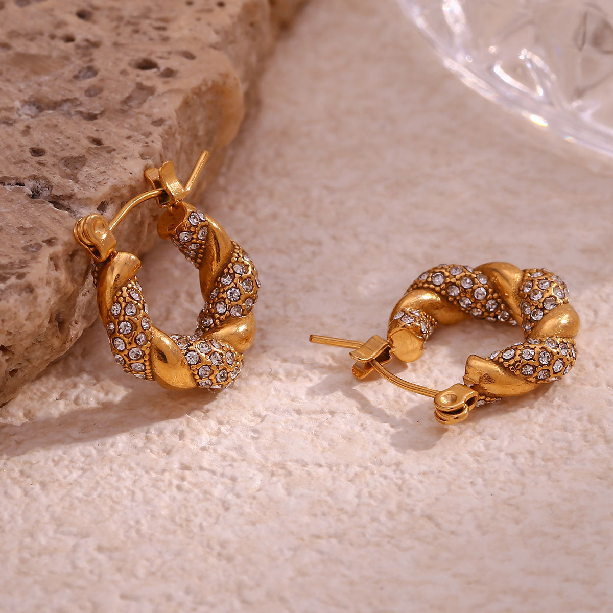 Splicing zircon smooth Fried Dough Twists ear ring - gold small - white diamond