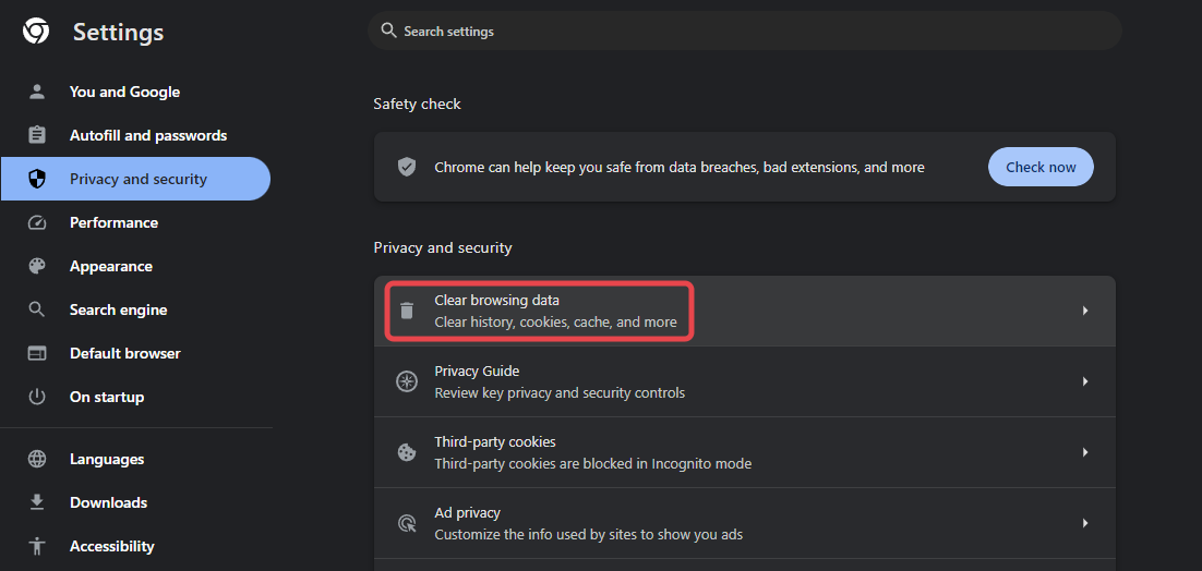 Clear browsing data in Google Chrome