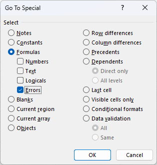 Go to special window in Excel