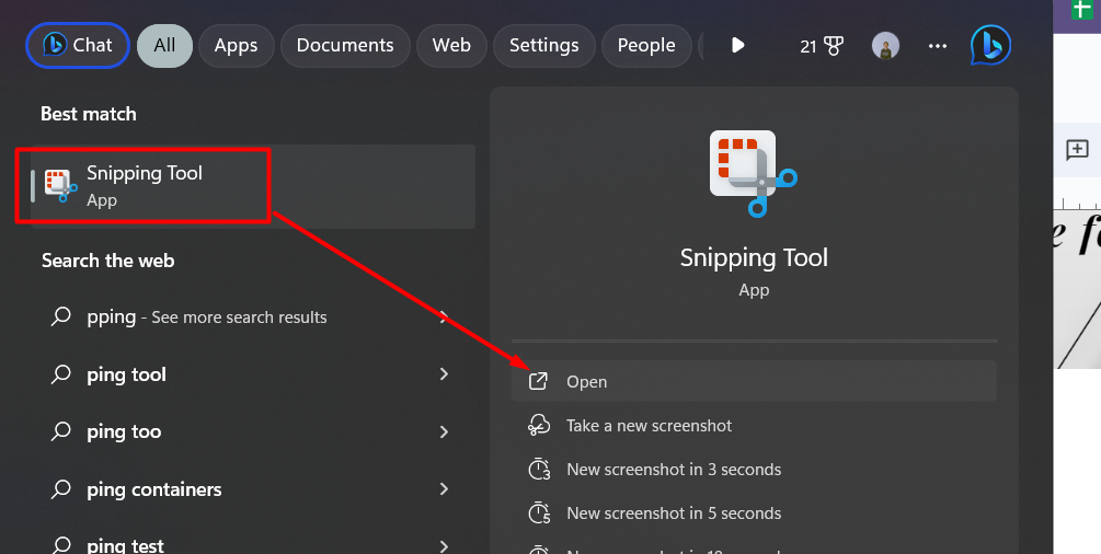 Search for Snipping Tool