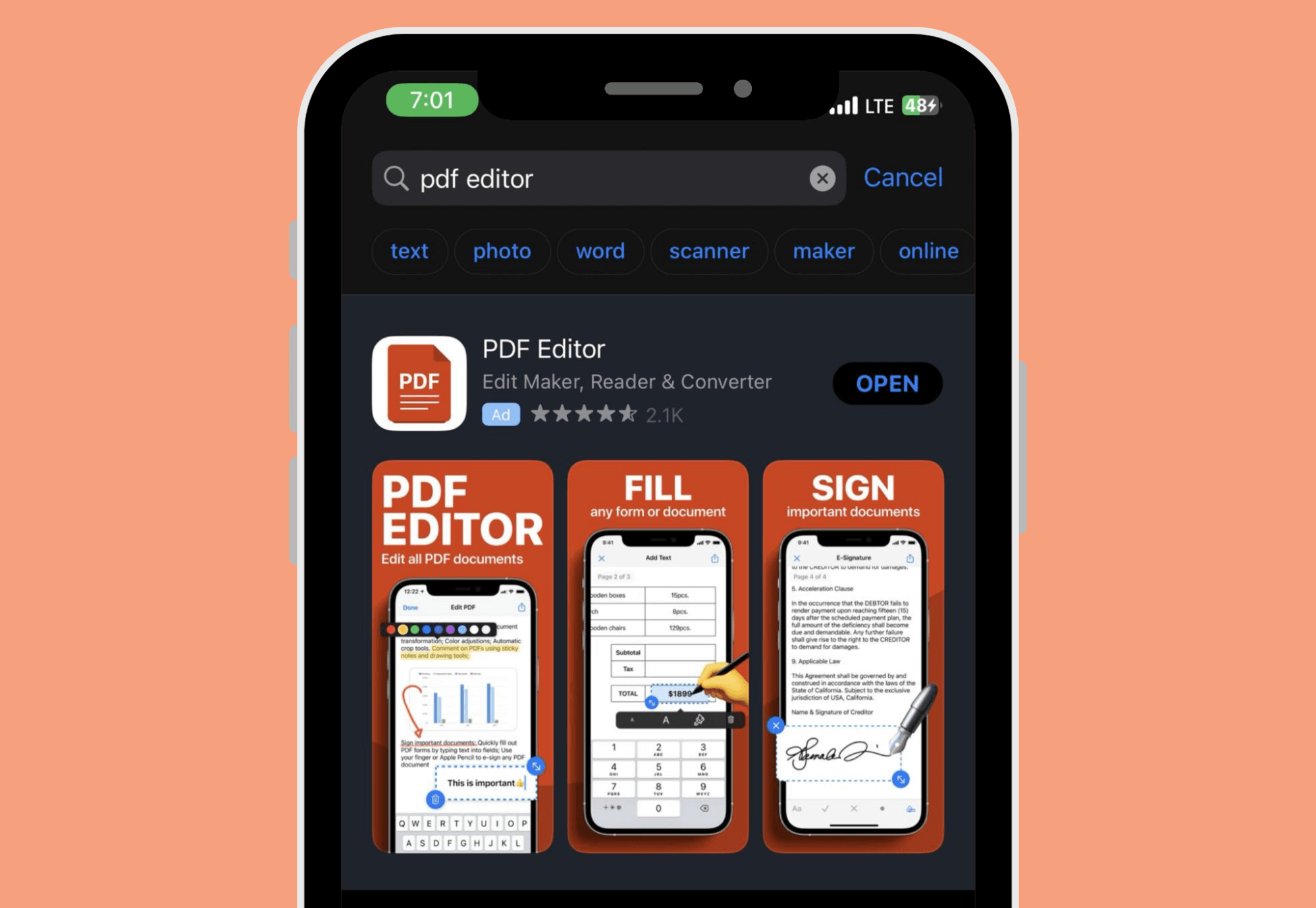 Appstore with PDF Editor in the search bar