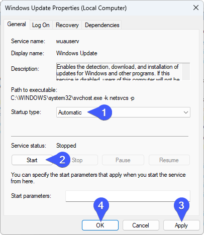 Start Windows update service