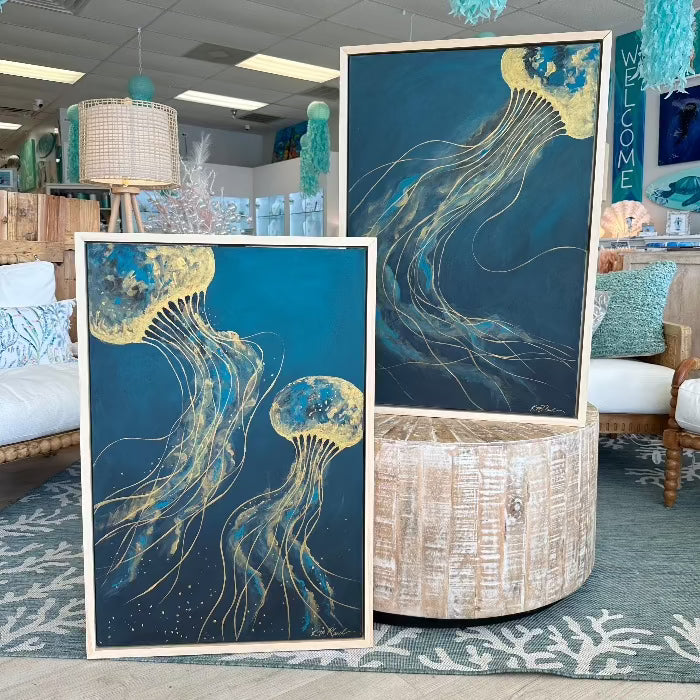 Framed 26"x 38"Blue & Gold Jellyfish Original Paintings