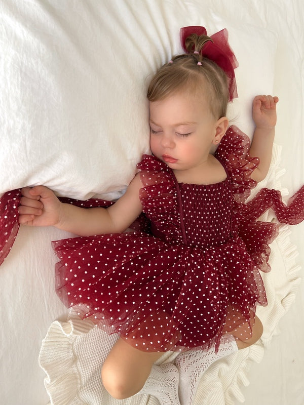 Lotus Burgundy Dot Ruffle Dress – A Little Lacey
