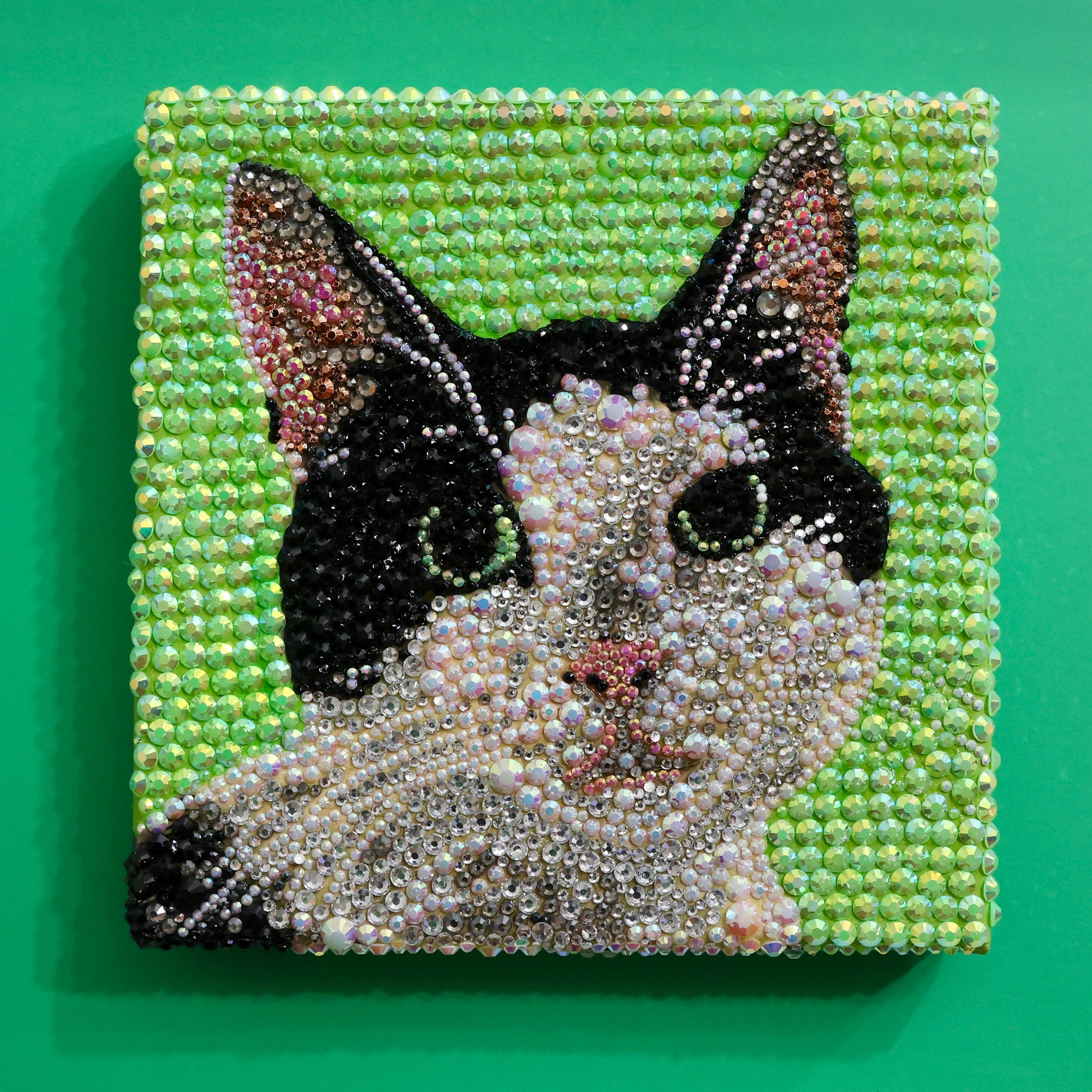 Rhinestoned pet portrait of a black and white cat named Jerome with neon lime green background. Rhinestone art by Rhinekid for pet lovers.