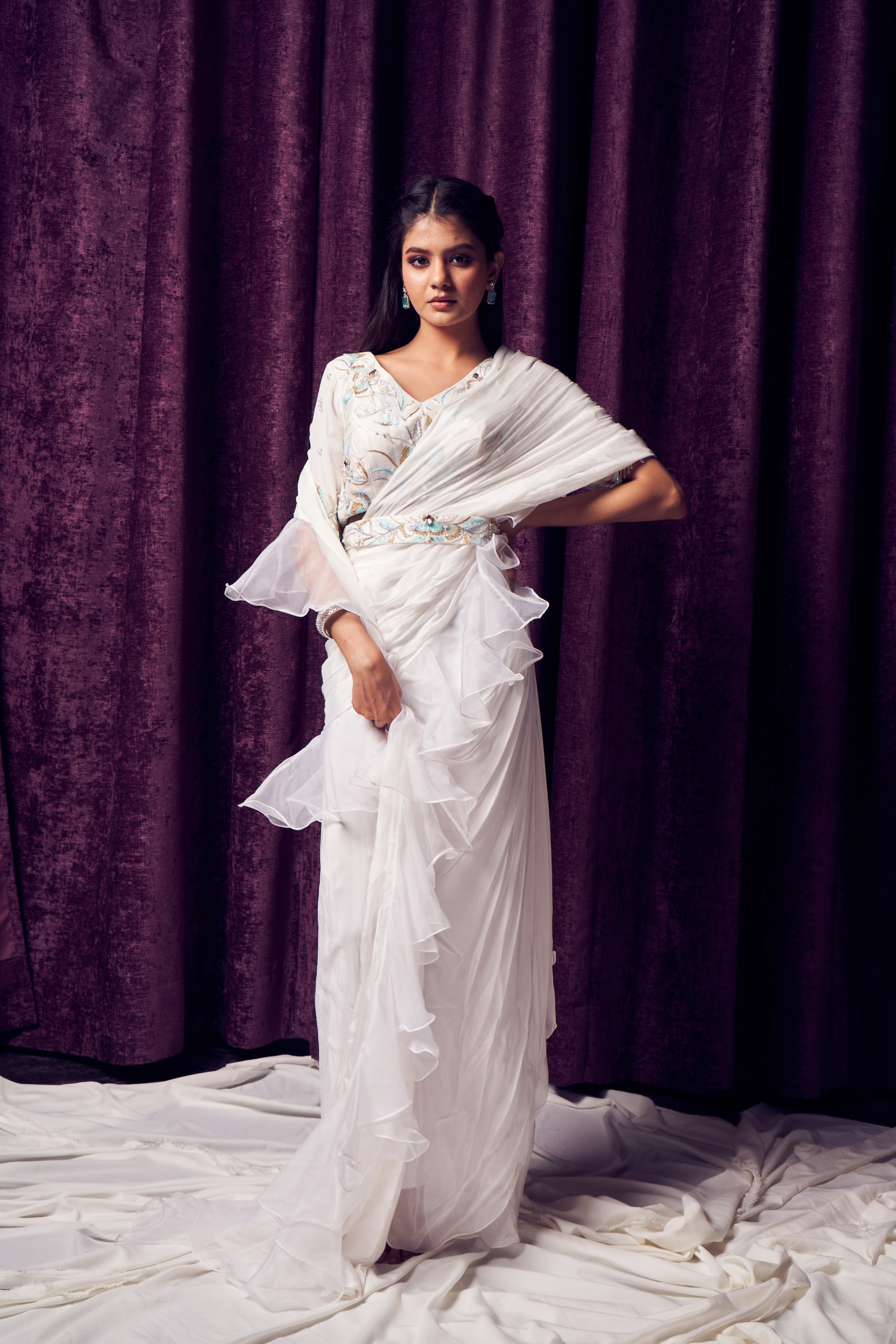 Solid Coconut Embroidered Ruffle Sari Set | Arpita Mehta – KYNAH